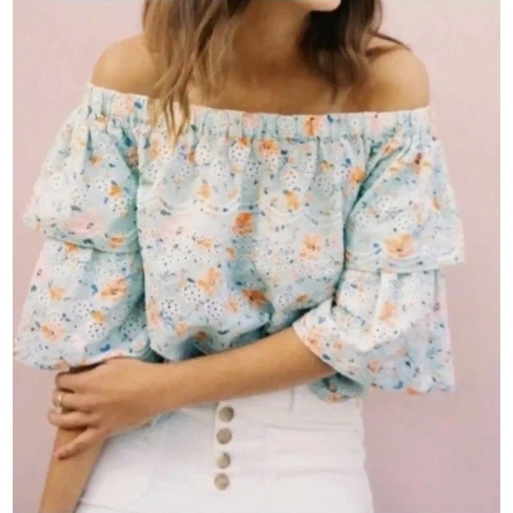 Laia Anthropologie Ashtabula Off Shoulder Floral Embroidered Top Large Petite